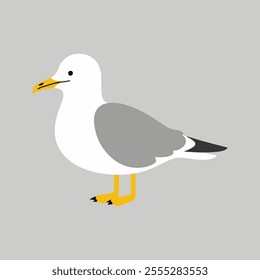 Flat vector illustration of a stylized seagull with white body, yellow beak, and gray wings, minimalistic design, cartoonish style, plain white background