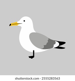 Flat vector illustration of a stylized seagull with white body, yellow beak, and gray wings, minimalistic design, cartoonish style, plain white background