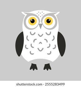 Flat vector illustration of a stylized snow owl with white body, yellow eyes, and gray accents, minimalistic design, cartoonish style, plain white background