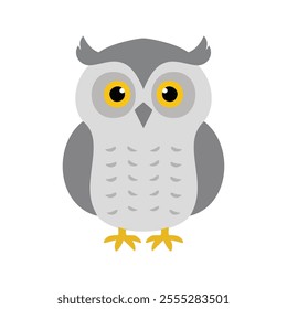 Flat vector illustration of a stylized snow owl with white body, yellow eyes, and gray accents, minimalistic design, cartoonish style, plain white background