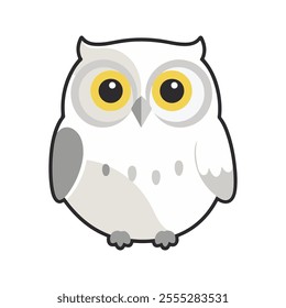 Flat vector illustration of a stylized snow owl with white body, yellow eyes, and gray accents, minimalistic design, cartoonish style, plain white background