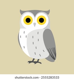 Flat vector illustration of a stylized snow owl with white body, yellow eyes, and gray accents, minimalistic design, cartoonish style, plain white background