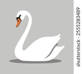 Flat vector illustration of a stylized swan with white body, long neck, and orange beak, minimalistic design, plain white background