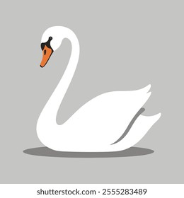 Flat vector illustration of a stylized swan with white body, long neck, and orange beak, minimalistic design, plain white background