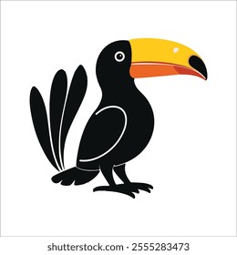 Flat vector illustration of a stylized toucan with black body, orange-yellow beak, and sleek wings, minimalistic design, cartoonish style, plain white background