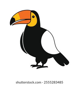 Flat vector illustration of a stylized toucan with black body, orange-yellow beak, and sleek wings, minimalistic design, cartoonish style, plain white background