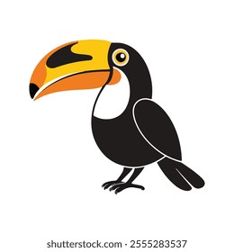 Flat vector illustration of a stylized toucan with black body, orange-yellow beak, and sleek wings, minimalistic design, cartoonish style, plain white background