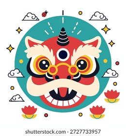 Ilustración vectorial plana de una máscara de baile tradicional estilizada del león