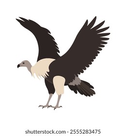 Flat vector illustration of a stylized vulture with dark brown body, bald head, and large wings, minimalistic design, plain white background