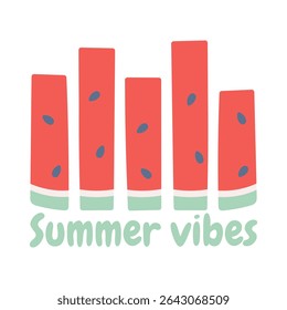 Flat vector illustration with stylized watermelon slices forming a graphic equalizer and playful Summer vibes lettering. Bright and fun summer-themed poster in modern cartoon style.