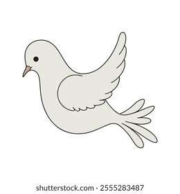 Flat vector illustration of a stylized white dove with flowing wings, small beak, and long tail, minimalistic design, plain white background