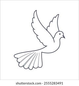 Flat vector illustration of a stylized white dove with flowing wings, small beak, and long tail, minimalistic design, plain white background