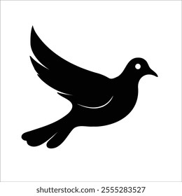 Flat vector illustration of a stylized white dove with flowing wings, small beak, and long tail, minimalistic design, plain white background