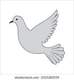 Flat vector illustration of a stylized white dove with flowing wings, small beak, and long tail, minimalistic design, plain white background