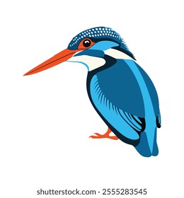 Flat vector illustration of a stylized white-throated kingfisher with blue body, white throat, orange beak, and short tail, minimalistic design, plain white background