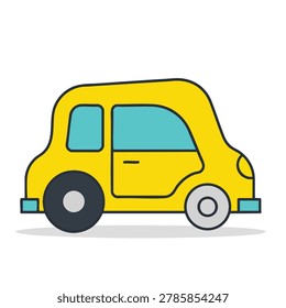 A flat vector illustration of a stylized yellow compact car with blue windows and mismatched wheels in a simple design