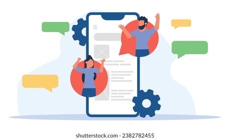 Flat vector illustration with successful business team involved in development digital network or web design concept, online communication, marketing, and social media. Man and woman, using technology