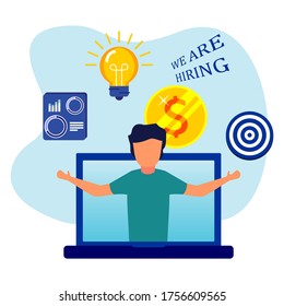 Flat vector illustration, successful businessman with bright ideas, recruiting employees, increasing income, increasing business growth.