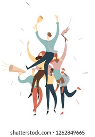 flat vector illustration of successful team work, teamwork business pyramid of men and women, business winning concept 