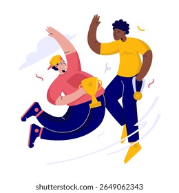 Flat vector illustration of a successful team celebrating with a trophy and medal. Two happy teammates high-five each other. Achievement success in winning competition