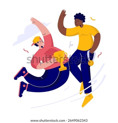 Flat vector illustration of a successful team celebrating with a trophy and medal. Two happy teammates high-five each other. Achievement success in winning competition