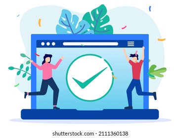 Flat vector illustration of successful technology concept at work. Happy people character sitting with raised hands across computer screen celebrating success.