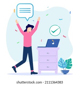 Flat vector illustration of successful technology concept at work. Happy people character sitting with raised hands across computer screen celebrating success.