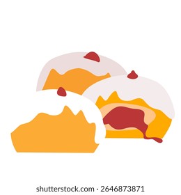 Flat vector illustration of sufganiyot – traditional Hanukkah donuts filled with red jam and topped with icing. Popular in Jewish culture, but also suitable for general food, dessert, and bakery