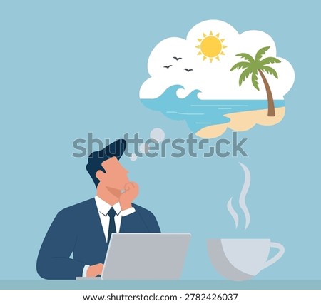 Flat vector illustration of a suited employee taking a coffee break at his laptop, longing for a sunny summer getaway to a tropical island