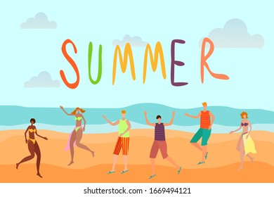 Flat vector illustration. Summer beach where happy young people are happy . You can use it as a poster or banner.