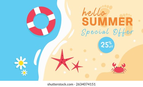 Flat vector illustration of a summer beach scene with lifebuoy, footprints, starfish, crab, and flowers. Bright and cheerful design perfect for seasonal promotions and summer sales.