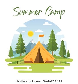 Flat vector illustration of a summer camp tent surrounded by pine trees and mountains under a sunny sky. Ideal for outdoor, adventure, camping, educational, or children's