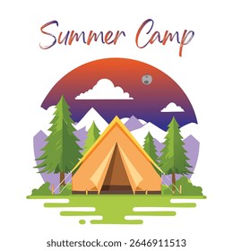 Flat vector illustration of a summer camp tent at sunset with pine trees and mountainous backdrop. Great for travel themes, kids adventure designs, outdoor events, and camping promo materials.