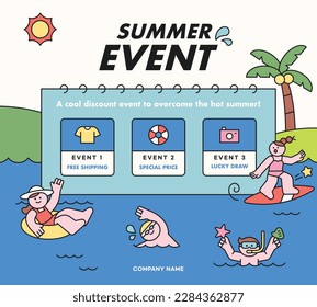 flat vector illustration. Summer event template. sea background. People are playing while swimming.