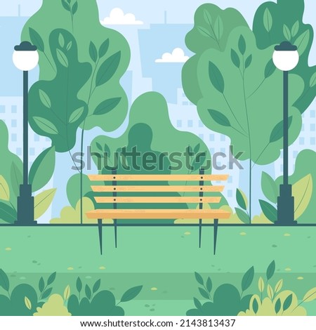 Flat vector illustration of a summer green alley in a city park with a bench.