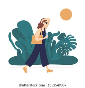 Flat vector illustration of summer hot weather isolated on white background. Young woman in jumpsuit walking in park with tropical plants and wipe off sweat from face. Summertime promenade