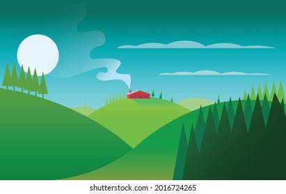 Flat vector illustration of a summer landscape with red house on the top of a mountain with a smoking chimney. Minimalist summer landscape.