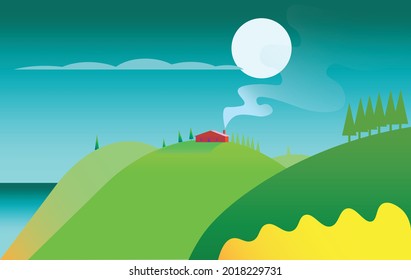 Ilustración vectorial plana de un paisaje veraniego con casa roja en la cima de una montaña con chimenea humeante. Un paisaje de verano minimalista.