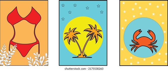 Flat vector illustration. Summer time, background patterns on the theme of summer, vacation, weekend, beach. Perfect background for posters, cover art, flyer, banner.