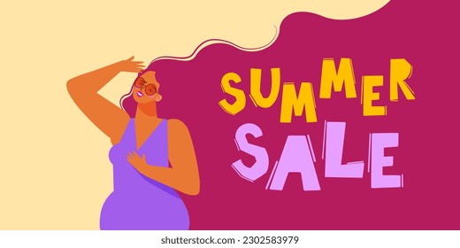 Ilustración vectorial plana. Tiempo de verano, chica con gafas de sol de pelo largo. Venta de verano. Fondo perfecto para afiches, portadas, pancartas.