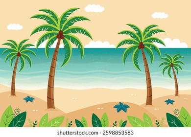 Flat Vector Illustration of Summer Tropical Beach with Palms.
