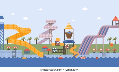 Flat vector illustration for summer vacation in the water park.