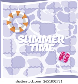 Flat vector illustration of a summer-themed swimming pool background featuring wavy water patterns, a lifebuoy, and pink flip flops