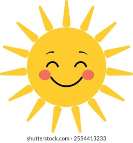 Flat vector illustration of a sun with a smiling face. The sun has a round, yellow body with radiating sunbeams extending outward. The face of the sun features closed, curved eyes, a wide smile.