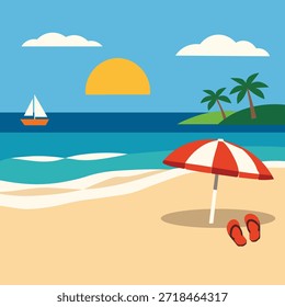 Ilustración vectorial plana de una playa tropical soleada