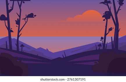 Flat Vector Illustration of Sunset Over Mountains and Sea, Minimalist Purple Dusk Landscape with Silhouettes of Trees.