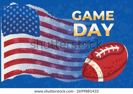 Flat vector illustration for Super Bowl Game Day. American flag background, red football, and bold yellow typography with grain texture. Sport festive design for posters and ads