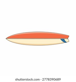 A flat vector illustration of a surfboard featuring a bright orange top and a light beige bottom with a small blue fin isolated on white