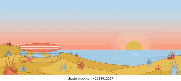 A flat vector illustration of surfboards stacked on a sandy beach at sunset with a calm ocean view.