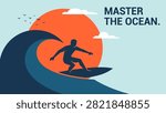 Flat vector illustration of a surfer riding a giant ocean wave at sunset. Perfect for surfing competitions, beach lifestyle, water sports, summer travel, adventure tourism, and outdoor campaigns.